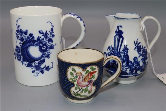 18th C Worcester spray-decorated mug, a Mother & Child pattern sparrowbeak jug & a scale-pattern cup (faults)(-)